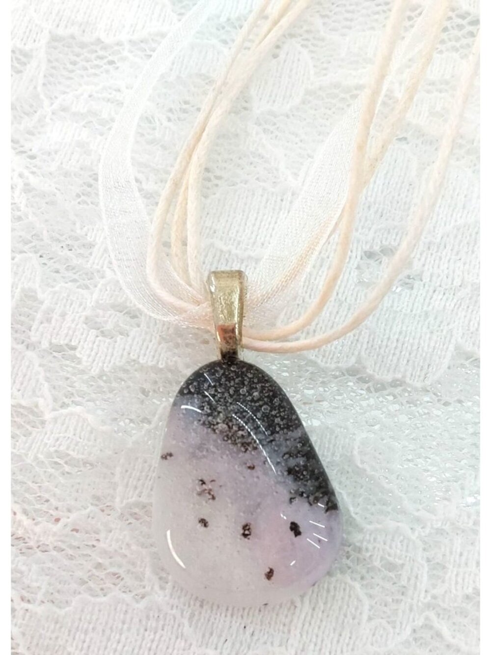 Fused Glass White Glass with Pink/Black/White - Handmade Jewelry Necklace Pendan